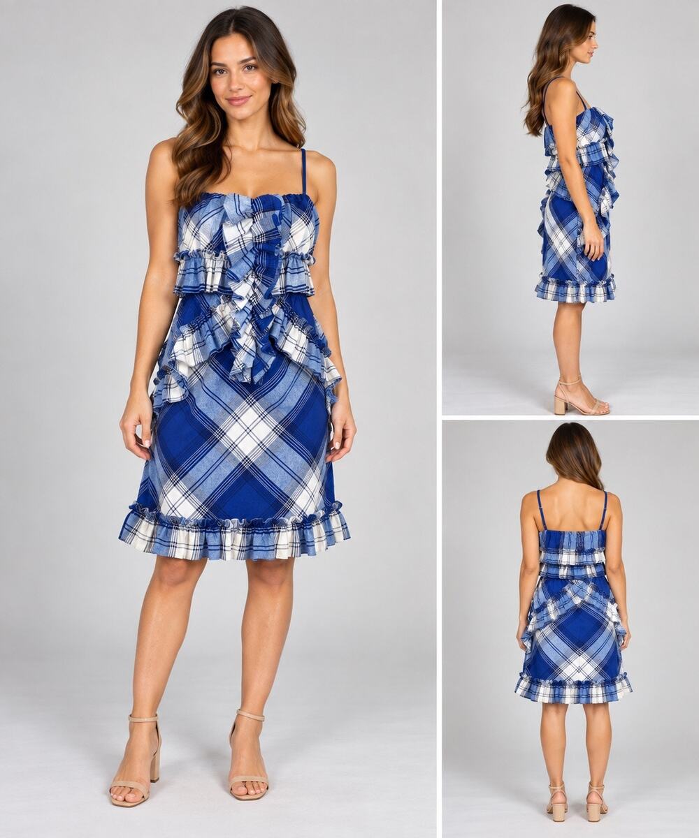 MM Couture by Miss Me Womens Mini Dress Plaid Raw Ruffled Hem Blue Medium